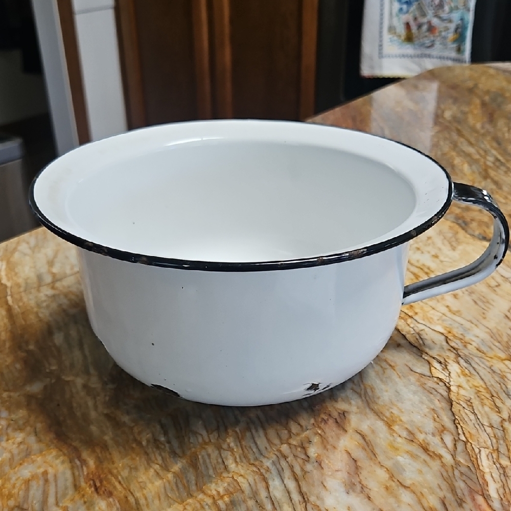 Vintage White Enamel Chamber Pot With Black Rim and Handle